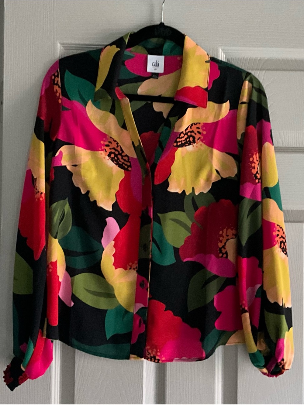 CAbi Black Floral Button-Front Blouse with Pink, Yellow & Green Blooms